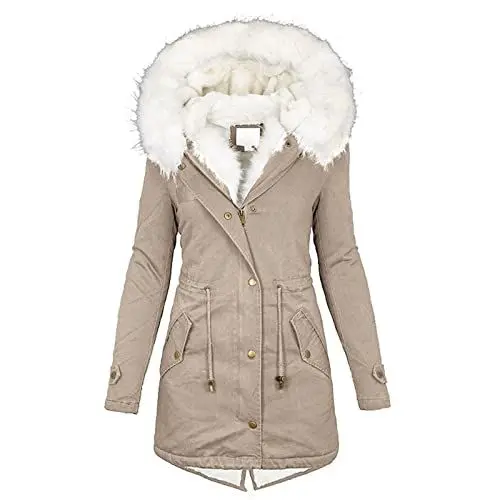 Produktbild: Urlaub Must Haves, Damen Winterjacke Sale, Steppjacke Damen Winterjacke Lang Warm Gefüttert Fleece Winterjacke Mit Fellkapuze Wintermantel Jacke Übergangsjacke Parka, Damenjacken Sale Günstig