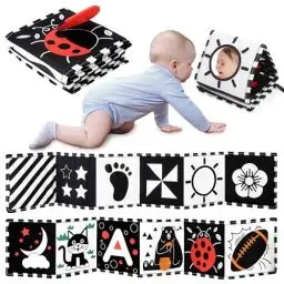 Produktbild: URMYWO Kontrastbuch Baby, Schwarz Weiß Doppelseitig Baby Stoffbuch, Soft Bilderbuch aus Stoff mit Spiegeln, Kinderwagen Kontrast Spielzeug Baby 0 3 6 Monate Geschenk für Babys