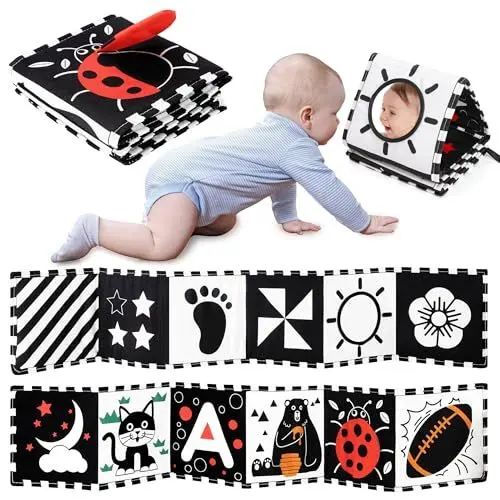 Produktbild: URMYWO Kontrastbuch Baby, Schwarz Weiß Doppelseitig Baby Stoffbuch, Soft Bilderbuch aus Stoff mit Spiegeln, Kinderwagen Kontrast Spielzeug Baby 0 3 6 Monate Geschenk für Babys