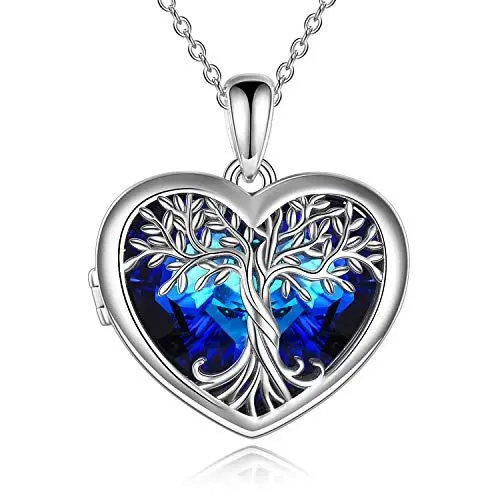 Produktbild: URONE Baum des Lebens Halskette 925 Sterling Silber Keltischer Knoten Herz Medaillon Halskette mit blauen Österreich Kristallen Schmuck Geschenke für Frauen Mama Tochter