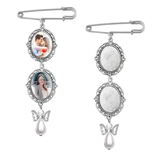 Produktbild: URROMA Hochzeitsstrauß-Foto-Charms, 2 Stück, Gedenkfoto-Anhänger, Lace, ovaler Rahmen, Walk Down the Gang, Charm, Foto-Charm, Ansteckbrosche für Braut oder Bräutigam, Blumenstrauß
