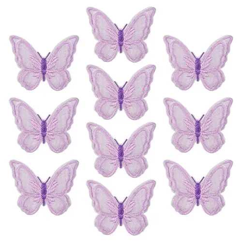Produktbild: URROMA Schmetterlings-Applikationen, Verzierungen, lila, Spitzenapplikationen zum Aufnähen, doppellagig, Organza-Spitzenflicken für Hochzeit, Braut, Haar-Accessoires, 10 Stück
