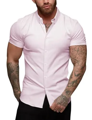 Produktbild: URRU Herren Hemd Kurzarm Muskel Fit Freizeithemden Bügelleichte Business Hemd Herrenhemden Sommerhemd, Rosa, L