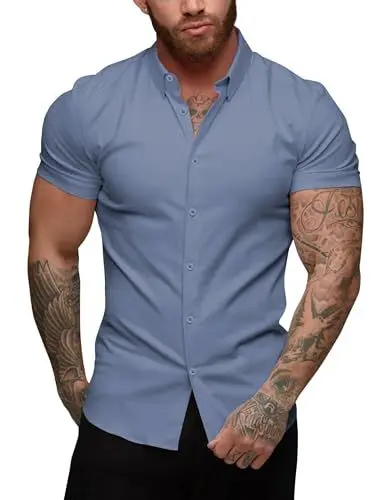 Produktbild: URRU Herren Muskel Business Kleid Hemden Regular Fit Stretch Kurzarm Casual Button Down Hemden Denim Blau XL
