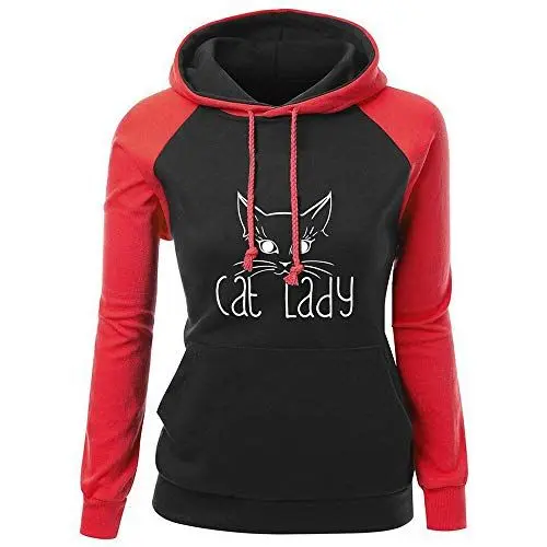 Produktbild: URSING Kapuzenpulli Damen Frauen Lange Ärmel Katze Drucken Pocket Blusen Langarm Hoodie Patchwork Pullis Shirt Tops Pulloverhemd Kapuzenshirt Pullovershirt Kapuzensweatshirt(rot,M)