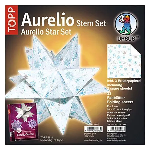 Produktbild: Ursus 15735100 - Faltblätter Aurelio Stern Eisblumen, blau / braun, 33 Blatt, aus Shimmer Papier 110 g/qm, ca. 20 x 20 cm, Vorderseite farbig bedruckt mit Veredelung, ideal als Weihnachtsdeko