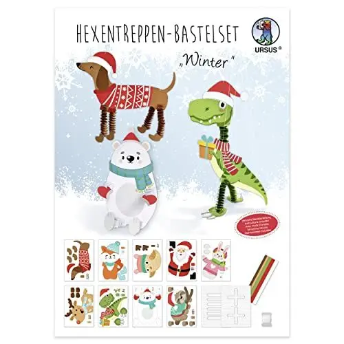 Produktbild: Ursus 21360099F - Hexentreppen Bastelset Winter, Set für 9 weihnachtliche Tiere aus Fotokarton, 25 x 35 cm, 300 g/qm, inkl. Papierstreifen, Vorlage, Faden zum Aufhängen und Bastelanleitung