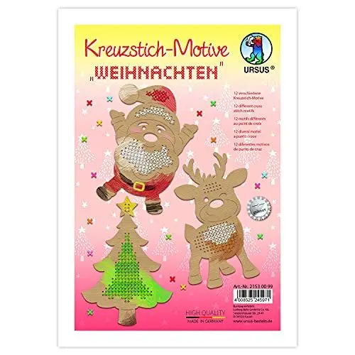 Produktbild: Ursus 21530099 - Kreuzstich-Motive Weihnachten, 12 weihnachtliche Stickbilder für Kinder aus braunem Kraftkarton, ca. 14 x 20 cm groß, Natur