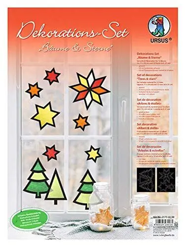 Produktbild: Ursus 21750099 - Dekorationsset Bäume & Sterne, Material für 6 Bäume und 6 Sterne, inklusive Bastelanleitung, ideal als winterliche Wand -, Fenster -, und Raumdekoration
