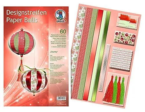 Produktbild: Ursus 23360099 - Designstreifen Paper Balls Country, Material für bis zu 6 Paper Balls, Durchmesser ca. 10 cm, 60 Streifen mit Zubehör, ideal zum Basteln von individuellen Weihnachtskugeln