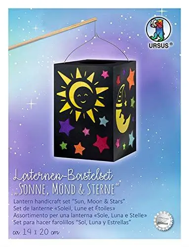 Produktbild: URSUS 2370099 Laternenbastelset Sonne, Mond & Sterne, Größe der Laterne ca. 14 x 20 cm, Komplettset mit Laternenrohling, Tragebügel, Transparentpapier in 7 Farben und Bastelanleitung, Papier, bunt