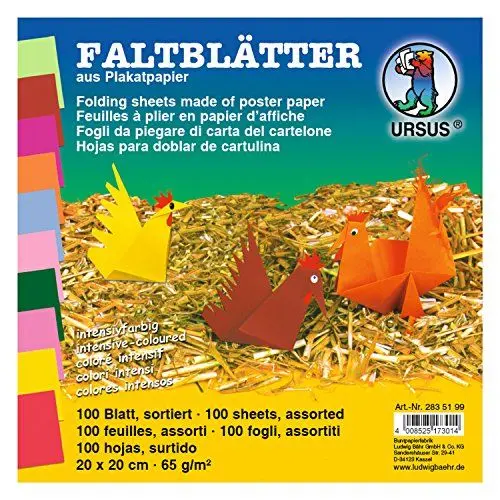 Produktbild: Ursus 2835199 Faltblätter intensiv, ca. 20 x 20 cm, 65 g/qm, 100 Blatt in 10 verschiedenen Farben, aus Plakatpapier, durchgefärbt, ideale Grundlage für kreative Bastelarbeiten