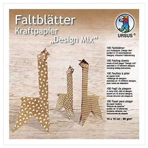 Produktbild: Ursus 38055599F - Faltblätter Kraftpapier Design Mix, 100 Blatt in 10 verschiedenen Motiven, ca. 15 x 15 cm, 80 g/qm, einseitig Bedruckt, zum Falten von Fensterbildern, Sternen und Figuren, braun/weiß