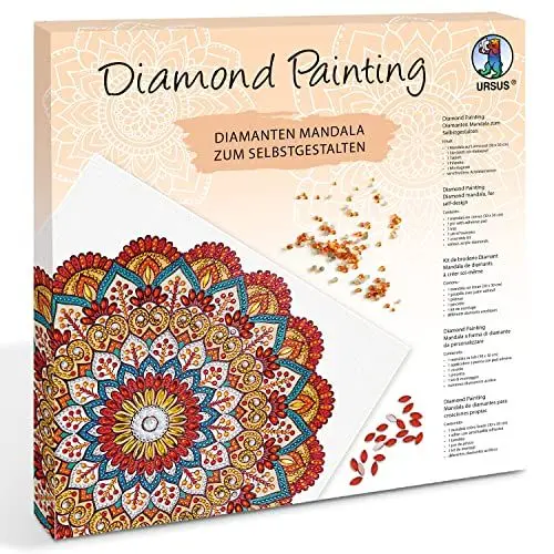Produktbild: Ursus 43520006F - Diamond Painting Mandala Set 6, Bastelset mit Steinchen in Rot-, Orange- und Petroltönen zum Selbstgestalten, eine Leinwand ca. 30 x 30 x 1,5 cm groß