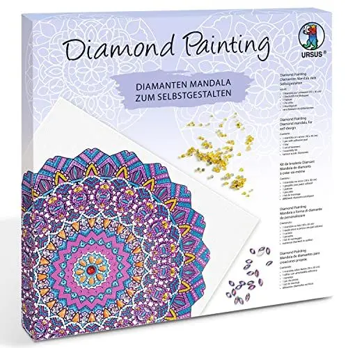 Produktbild: Ursus 43520008F - Diamond Painting Mandala Set 8, Bastelset mit Steinchen in Lila-, Pink- und Blautönen zum Selbstgestalten, ein Leinwand ca. 30 x 30 x 1,5 cm groß