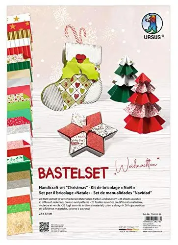 Produktbild: Ursus 7940099 - Bastelset Weihnachten, 26 Blatt in verschiedenen Materialien, Farben und Mustern, ca. 23 x 33 cm, zum Basteln von weihnachtlichen Dekorationen, für zahllose Bastelstunden, bunt