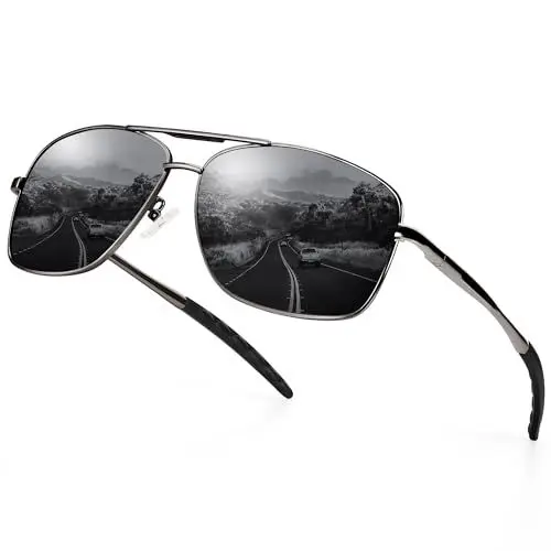 Produktbild: URUMQI Sonnenbrille Herren Damen Polarisiert Pilot Metallrahmen Sonnenbrillen UV400 Schutz Ultra Leicht Für Autofahren Angeln Golf Schwarzer Rahmen