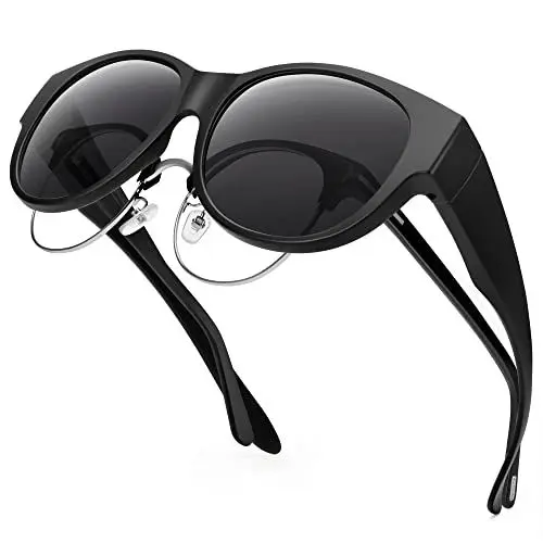 Produktbild: URUMQI Sonnenbrille für Brillenträger Damen Überzieh Sonnenbrille UV400 Schutz Blendschutz Polarisierte Sonnenbrille Fit over Brille Ultra Leicht Rundes Katzenauge Schwarzer Rahmen