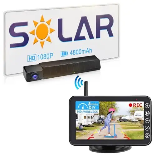 Produktbild: URVOLAX Solar Rückfahrkamera Kabellos mit 5 Zoll Monitor, 1080P DIY Installation Auto Rückfahrkamera Funk mit Akku, Digitalem Signal IP69K Wasserdicht Rückfahrkamera Wohnmobil Wohnwagen LKW Anhänger