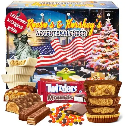 Produktbild: US Sweets Adventskalender 2024, exklusive Auswahl amerikanischen Peanutbutter Klassikern, amerikanische Süßigkeiten Adventskalender