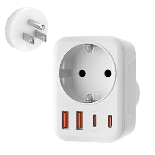 Produktbild: USA Adapter Steckdose, 5-In-1 Adapter USA Deutschland Stecker mit 1 AC 2 USB-C 2 USB-A (3.4A), 3750W Reiseadapter USA Adapter, EU to US Adapter für Amerika Kanada Thailand Mexiko (White/Typ B)