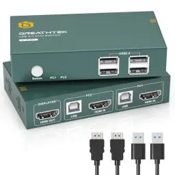 Produktbild: USB 2.0 HDMI KVM Switch 2 Port, 4K@30Hz KVM Switches HDMI für 2 PC 1 Monitor mit 4 USB 2.0 Ports, EDID Adapative，Gemeinsame Nutzung von Maus, Tastatur und Monitor, Plug-and-Play