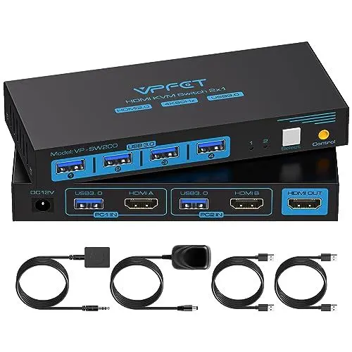 Produktbild: USB 3.0 HDMI KVM Switch 2 PC 1 Monitore 4K60Hz KVM-Switches für Zwei Computer teilen sich 1 Satz Maus, Tastatur, U-Disk-Drucker, Unterstützung für bis zu 4 USB-Geräte