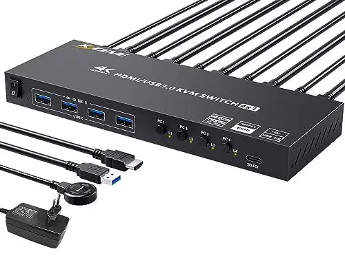 Produktbild: YOUTINGHDAV USB 3.0 KVM Switch HDMI 4 Port, 4K@60Hz Simulation EDID KVM Switch 4 PC 1 Monitore, HDMI 2.0 KVM-Switches Teilen 4 USB 3.0 Geräte Maus Tastatur Drucker, mit Wired Remote und 5 Kabeln