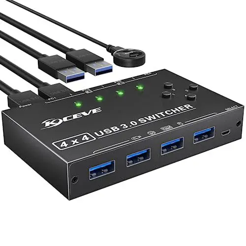 Produktbild: USB 3.0 Switch 4 PC, YOUTINGHDAV 4 in 4 out USB Switch 3.0, USB Switch 4 PC Box für Tastatur, Maus, Drucker, Scanner, PC, Keyboard and Mouse switch mit Wired Remote und 4 USB 3.0 Kabeln