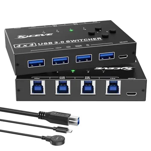 Produktbild: YOUTINGHDAV USB 3.0 Switch 4 PC, 4 in 4 out USB Switch 3.0, USB-Schalter Selector für 4 PC and Tastatur, Maus, Drucker, mit Wired Remote und 4 Kabeln