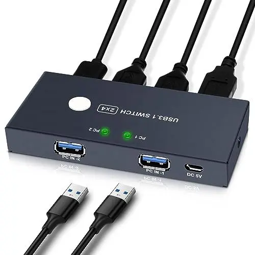 Produktbild: USB 3.0 Switch, EVATEK 2 In 4 Out USB KVM Switch mit 2 USB 3.0 Kable, USB 3.1 USB KVM Switch Sharing 4 USB Geräte Peripherie Switcher Box Hub, Button Switch