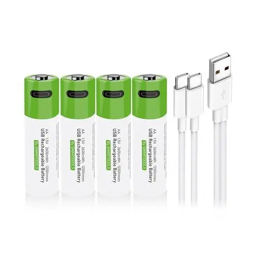 Produktbild: USB AA Lithium Ionen Aufladbare Akkus, 1.5V 2600mWh wiederaufladbare batterien AA Akku, 1H Stunden Schnellladung, 1200 Zyklen mit Typ C Ladekabel Überladeschutz, 4er-Pack