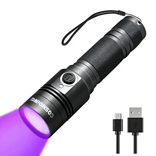 Produktbild: USB Aufladbar 395nm UV Taschenlampe Ultraviolett Schwarzlicht Haustierurin Detektor für UV Harz, Skorpion, Mineral, Bettwanze, Toilette mit Batterie