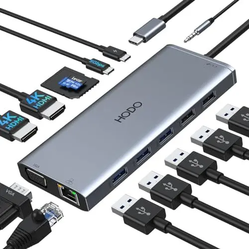 Produktbild: USB C Docking Station Dual Monitor, 14 in 1 Laptop Dockingstation Triple Display, USB-C Hub Adapter mit 2 HDMI, VGA, Ethernet, PD, USBC Data, 5 USB, SD TF Kartensteckplatz, Audio