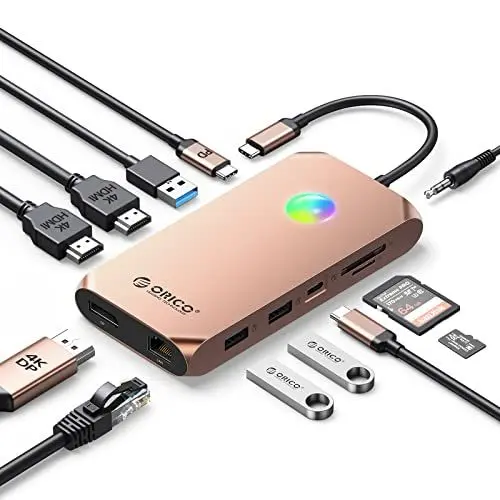 Produktbild: USB C Docking Station, ORICO 12 in 1 RGB Adapter, Dual 4K HDMI, DP 4K@60Hz, PD 100W, Ethernet, 3 USB 3.0, SD/TF, Audio, 14 RGB Beleuchtungsmodi, kompatibel für Windows/Mac OS