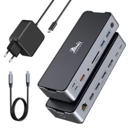 Produktbild: USB C Docking Station mit Netzteil 65W 1m Kable Dock 2 HDMI DP 8K Display 15 IN 1 Dual Monitor Dock Station Triple Display 4K Dockingstation DisplayPort 10 Gbit/s USB 3.1 100 W PD RJ45 Audio