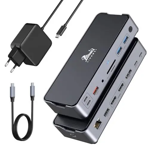 Produktbild: USB C Docking Station mit Netzteil 65W 1m Kable Dock 2 HDMI DP 8K Display 15 IN 1 Dual Monitor Dock Station Triple Display 4K Dockingstation DisplayPort 10 Gbit/s USB 3.1 100 W PD RJ45 Audio