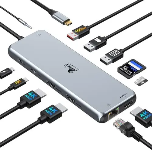 Produktbild: USB C Dockingstation 3 HDMI Laptop Docking Station 3 Monitore mit 10Gbps USB A/C 3.1, 2USB 2.0, 100W PD, RJ45 Ethernet, Audio &Mic, SD/TF USB C Hub Dual Monitor Kompatibel mit Dell, HP, Lenovo