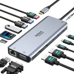 Produktbild: USB C Dockingstation Dual HDMI, 14 in 1 Dockingstation Triple Display, USB C Hub mit 2 * 4K HDMI,VGA, 10Gbps 2*USB C&USB A,Gigabit Ethernet,100W PD,SD/Micro SD, 3.5mm Audio&Mic für Dell HP