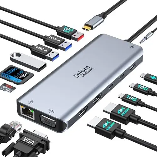 Produktbild: USB C Dockingstation Dual HDMI, 14 in 1 Dockingstation Triple Display, USB C Hub mit 2 * 4K HDMI,VGA, 10Gbps 2*USB C&USB A,Gigabit Ethernet,100W PD,SD/Micro SD, 3.5mm Audio&Mic für Dell HP