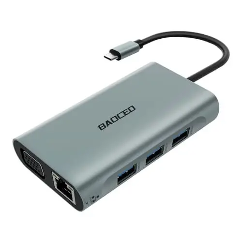 Produktbild: USB C HUB Gigabit Ethernet Adapter, BAOCED 7 in 1 Dockingstation Laptop 2 Monitore zu 4K HDMI und VGA, 3*USB 3.0, Gigabit Ethernet und PD 100W für tragbare Computer, kompatibel mit Laptop und mehr