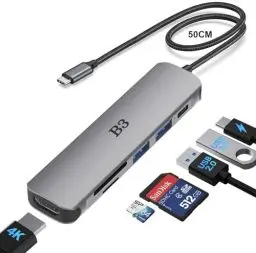 Produktbild: USB C Hub HDMI Adapter für MacBook Air Pro, 6 IN 1 Multiport Adaptor mit 4K 30Hz Ausgang, USB 3.0&2.0 Anschlüsse, 100W PD, SD/TF Kartenleser, Kompatibel für Mac M1 M2 Laptop und mehr Type-C Geräte