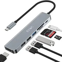 Produktbild: USB C Hub, JESWO 7 in 1 USB C Adapter mit 4K HDMI, 1 USB 3.0, 2 USB 2.0, SD/TF Kartenleser und 100W PD kompatibel mit MacBook Pro/Air und andere Typ-C-Geräte