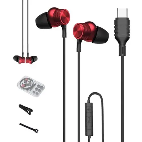Produktbild: USB C Kopfhörer mit Kabel,In-Ear Kopfhörer USB C,Typ C Kopfhörer mit Mikrofon für Samsung Galaxy A53 A54 S23 S22 Ultra S21 iPhone 15 iPad Pro Air Huawei Mate 60 pro P40 Google Pixel OnePlus(Rot)