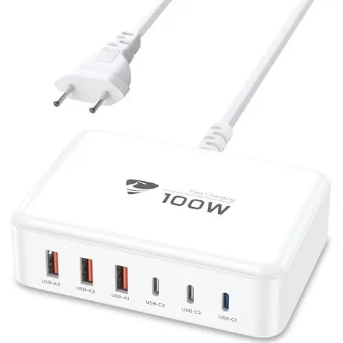 Produktbild: USB C Ladegerät, 100W 6-Port Ladegerät Mehrfach Mit 3 USB-C und 3 A, Schnellladegerät PD 3.0 Power Adapter, Netzteil für iPhone 16 15 14 Pro/Pro Max, iPad, MacBook, Samsung, Handys