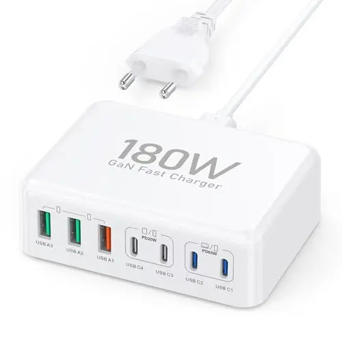 Produktbild: USB C Ladegerät, 180W 7-Port USB C Netzteil Mehrfach Ladegerät mit USB-C und USB-A, Schnellladegerät PD 3.0 USB C Charger Power Netzteil für MacBook, iPhone 15 Pro Max, iPad, Samsung, Handys……