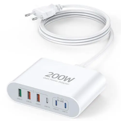 Produktbild: USB C Ladegerät, 200W USB C Netzteil 6-Port GaN PD 3.0 Schnellladegerät mit 3 USB-C und USB-A Mehrfach Ladegerät Stecker Adapter für MacBook Pro Air, iPad Pro Air, iPhone 16 15 14 13 12, Galaxy S23