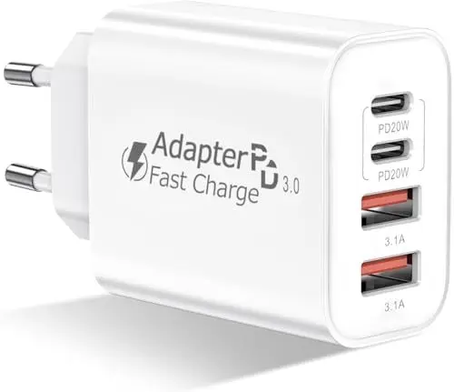 Produktbild: USB C Ladegerät, 4 Ports Mehrfach Ladegerät, 40W Schnellladegerät PD 3.0 Power Adapter USB Netzteil für iPhone 16 15 14 Pro Max 13 12 11 SE 2020 XS XR 8 7, Samsung, Handys