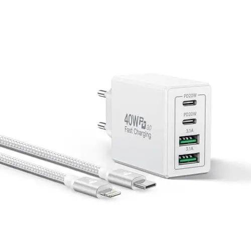 Produktbild: USB C Ladegerät, 4 Ports Mehrfach Phone Ladegerät, 40W Schnellladegerät PD Power Adapter mit 2M Typ C Lightning Kabel, Fast Charger USB-C Netzteil für Phone 14 Plus 13 Pro Max 12 11 SE XS XR 8, iPad