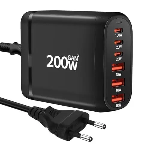Produktbild: USB C Ladegerät Mehrfach, 200W 6-Port GaN USB Schnellladegerät, PD USB C Netzteil Schnellladegerät,QC Charger für MacBook Pro,iPad Pro,iPhone/Galaxy,Tablets,Handy Stecker Power Adapter Ladestecker